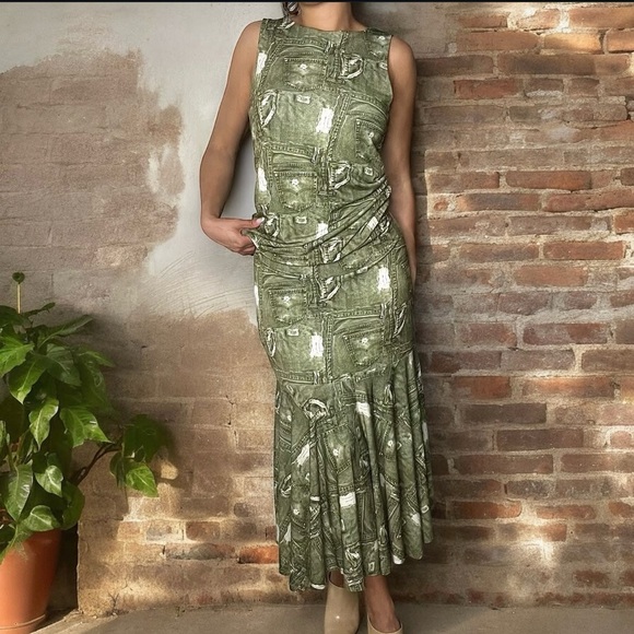 American Vintage Dresses & Skirts - Vintage 90s Cyber Grunge Green Denim Print Tank and Midi Maxi Ruffle Skirt Set
